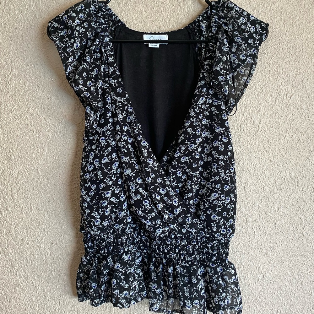 Japna Floral Sheer Black and Blue Floral Ruched Peplum Top Small